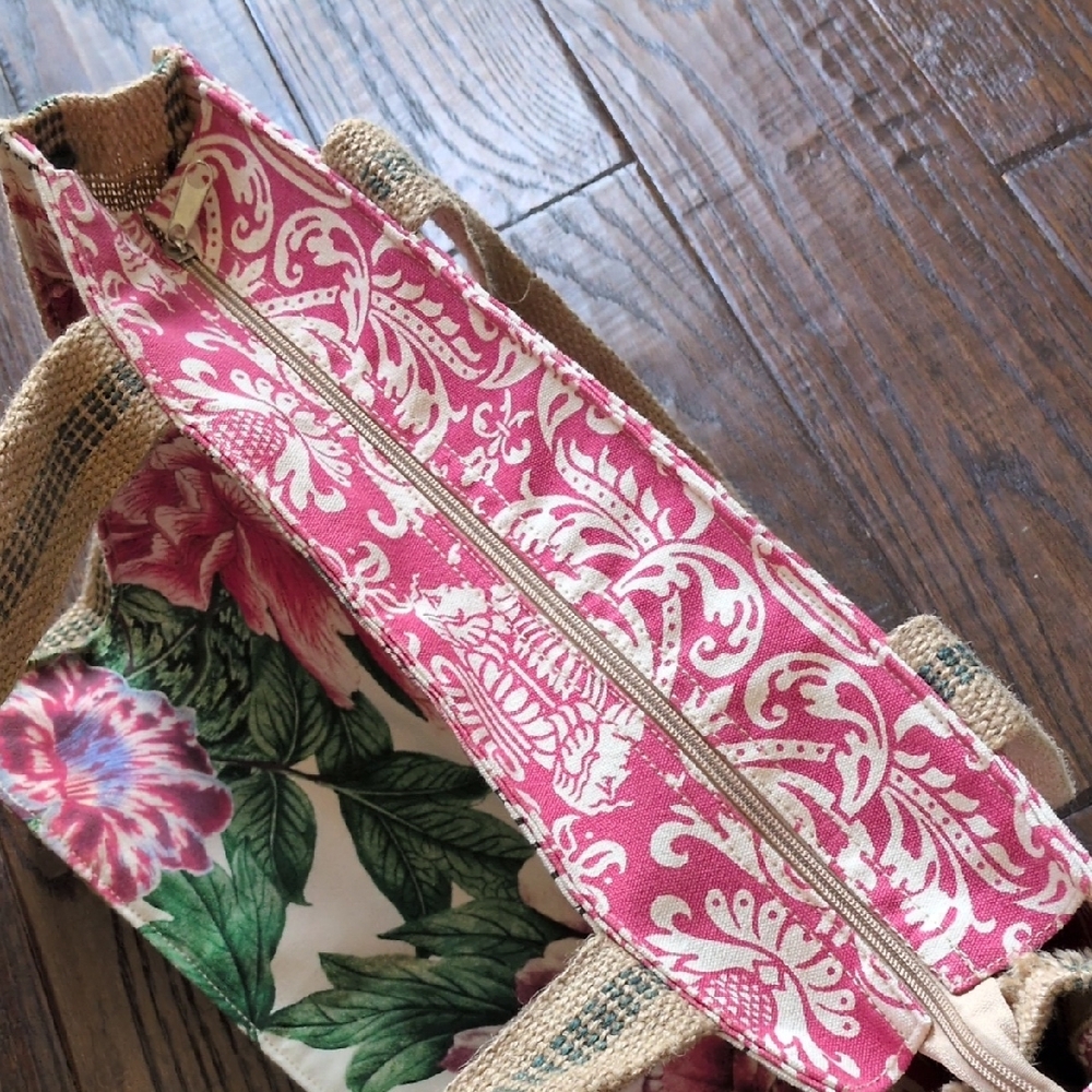 MICHEL DESIGN WORKS I Fabric Floral Butterfly Canvas Tote Bag w/ Burlap Handles - Picture 8 of 14